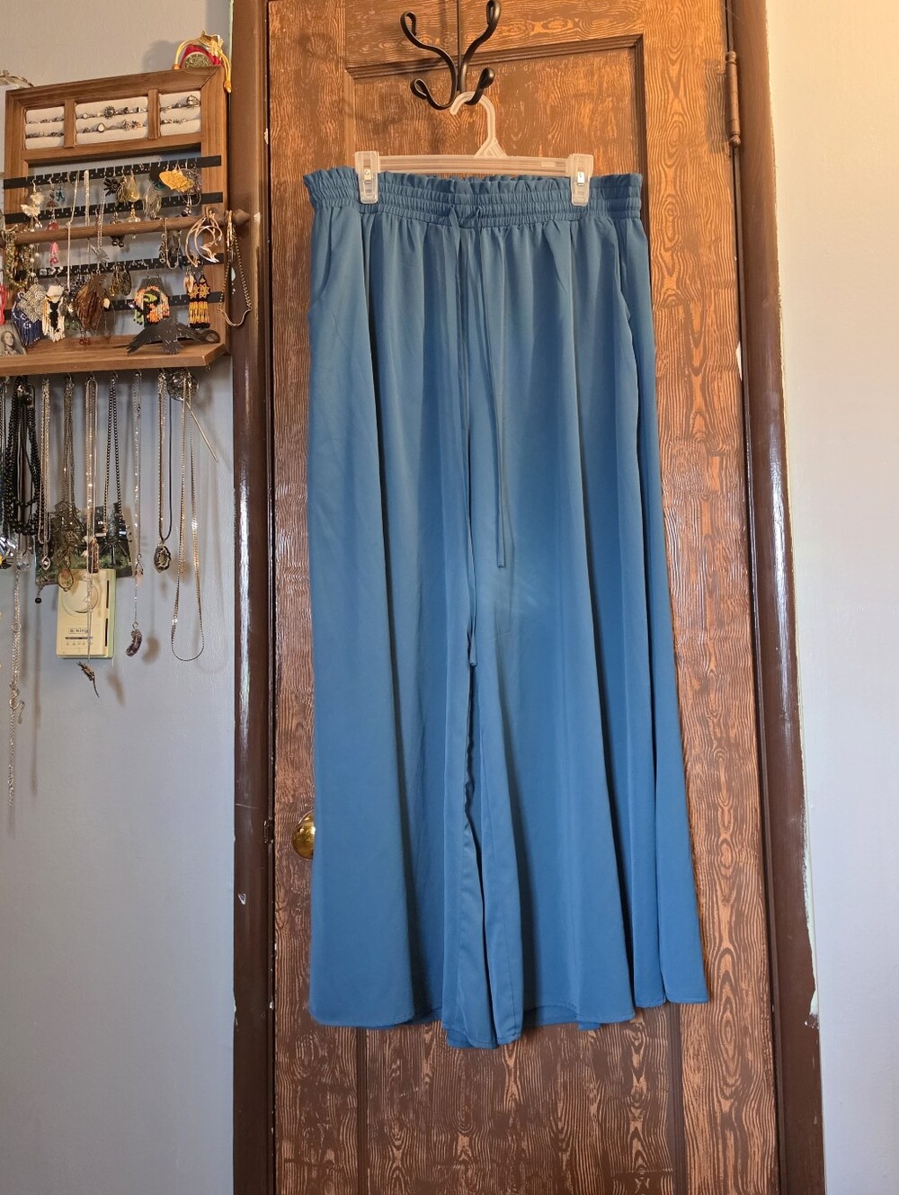 Women's Blue Elastic-Waist Wide-Leg Pants